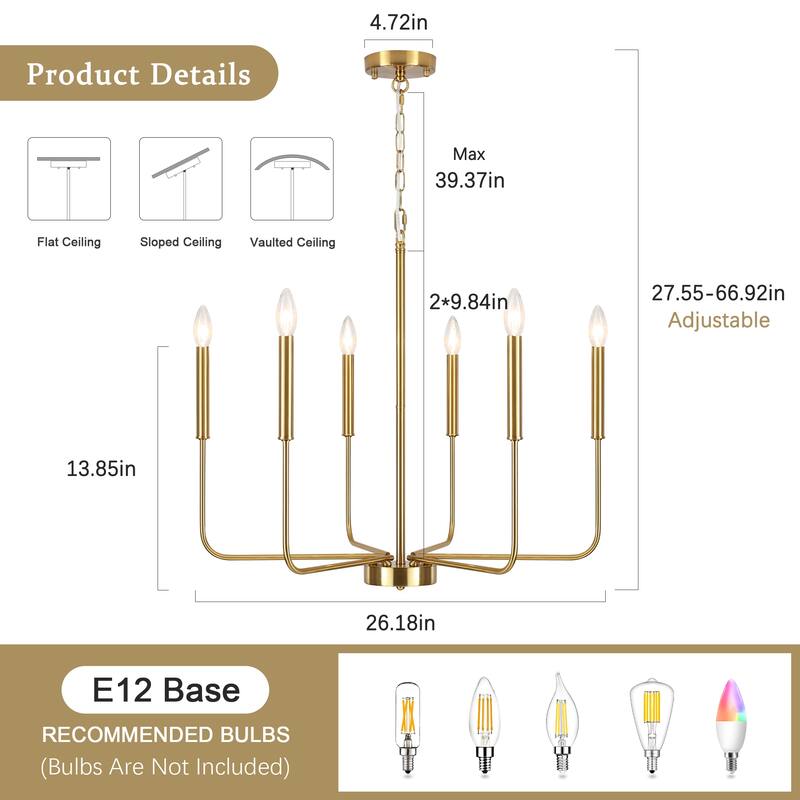 6-Light W26.18" x H66.92" Candle Chandelier for Living Room Kitchen Island