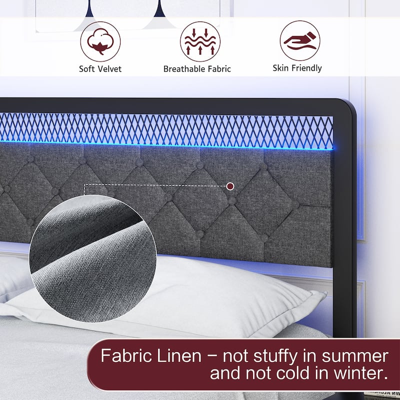 Full & Queen Size Bed Frame with LED Headboard, USB Charging – Modern Platform Bed Base with Under-Bed Clearance