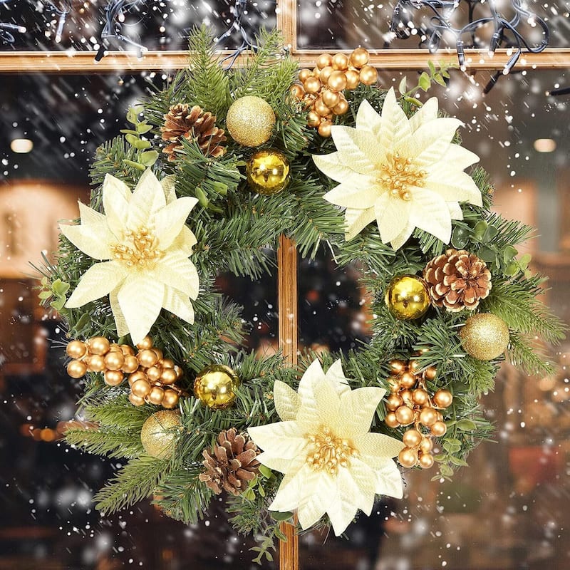 16 Inch Christmas Wreath for Front Door Fireplace Wall Window - N/A - Gold