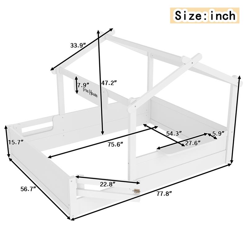 Full Size Floor Bed with Guardrails and Roof, Kids House Floor Bed with a Small Built-in Tray and Free-installed Signboard