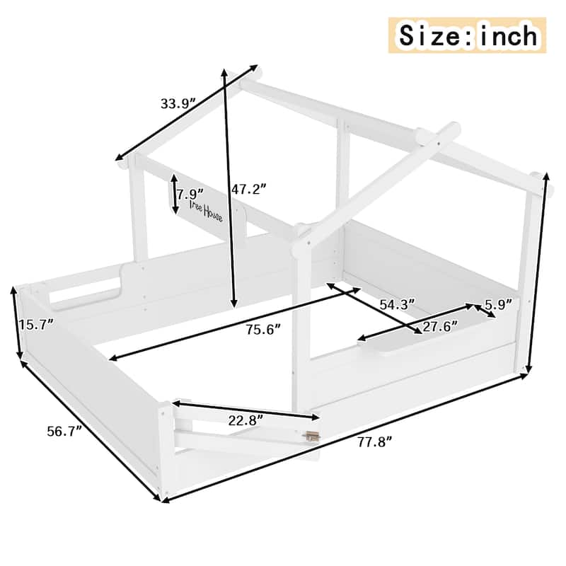 Kids House Floor Bed with Guardrails and Roof, Built-in Tray and Signboard, Montessori Floor Bed for Toddlers