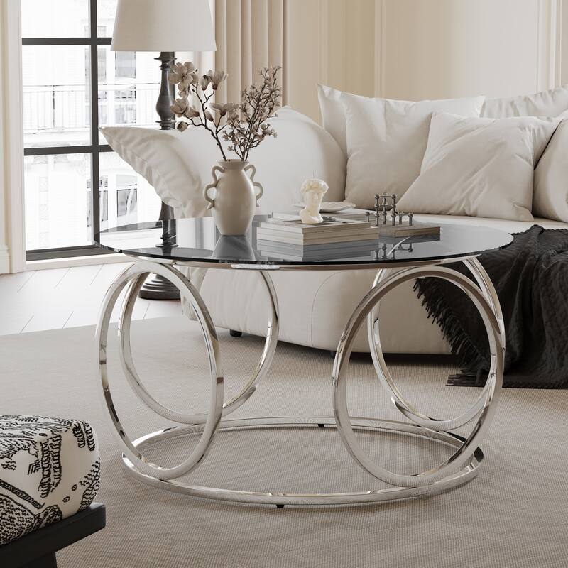 31.5" Modern Round Glass Top Coffee Table with Circular Metal Frame