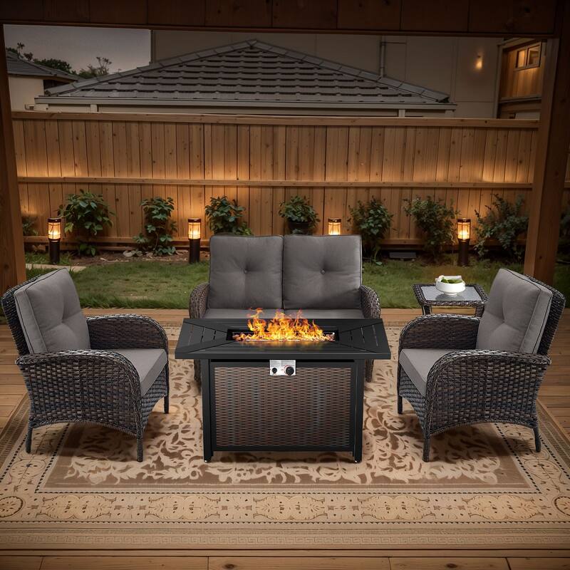 Gymojoy Outdoor Fire Pit Conversation Set, Loveseat Glider Sofa & Chairs - Patio Furniture Set - 5-Piece included Club Chairs - Grey