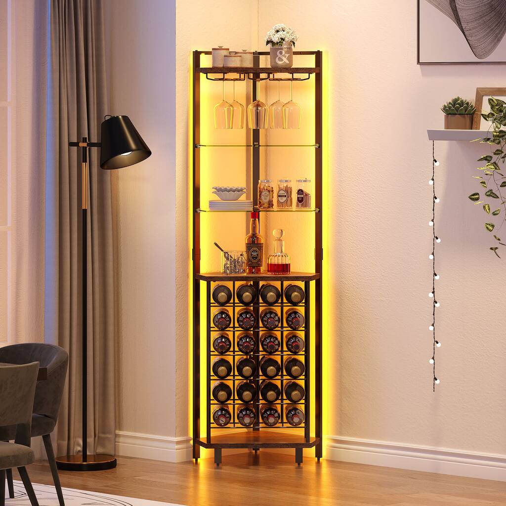 LED Corner Wine Rack Bar Storage with Glass Holder and Shelves ...