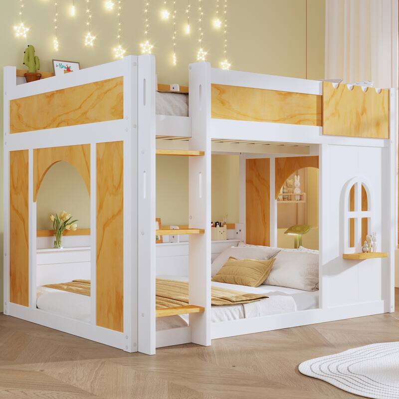 GDFStudio - Wood Bunk Bed with Storage Shelves, Window and Dual Doors - Natural+White - Full