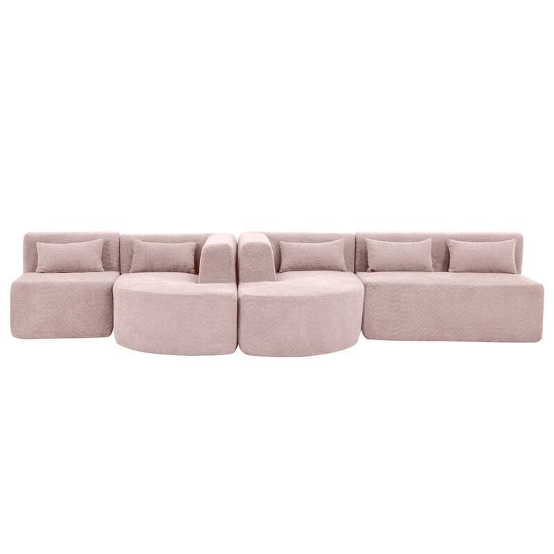 Roomfitters Free-Combined Upholstered Sofa with 2 Chaise Lounges and 5 Back Pillows for Living Room, Pink