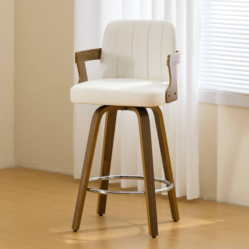 Upholstered Wood Swivel Counter Height Barstool with Arms - 37.8"H x 18.7"W x 19.29"D - Single - White