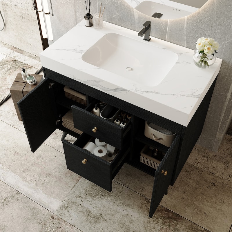 36" Modern Freestanding Bathroom Vanity with Sintered Stone Top & Ceramic Sink, Smart Storage Design & Drawers