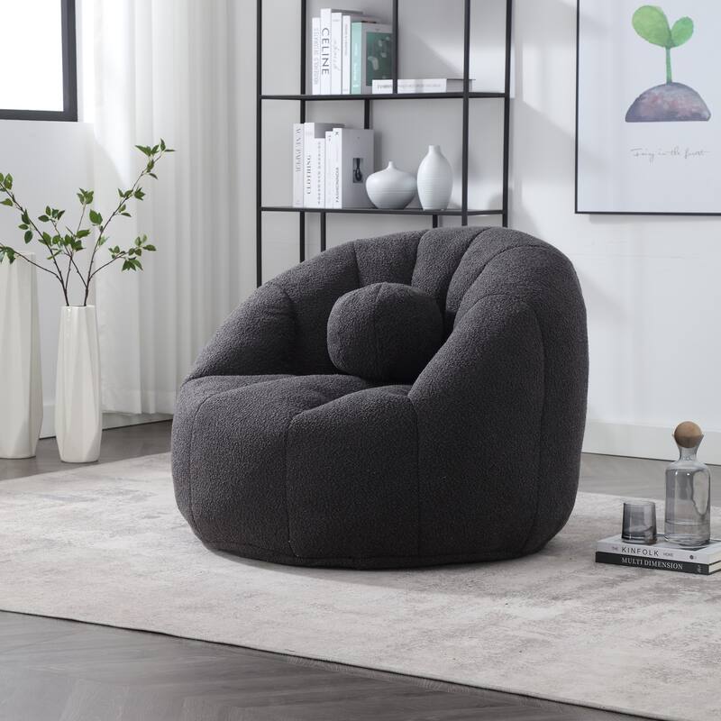 HOMEFUN Boucle Upholstered Round Lazy Cozy Bean Bag Chair With a Pillow - Black