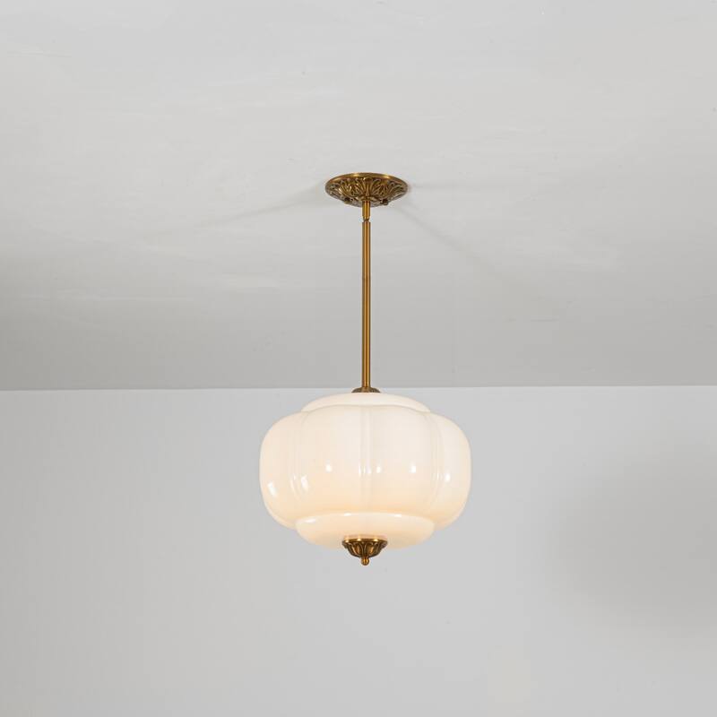 1-Light Retro Antique Brass Pumpkin Shaped Semi-Flush Mount Light/Pendant with Milk/Green Glass for Kitchen, Dining Room