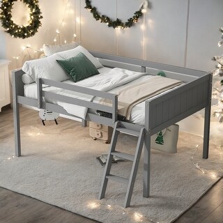 Full Size Wood Low Loft Bed with Ladder, Ladder on Left or Right, Gray