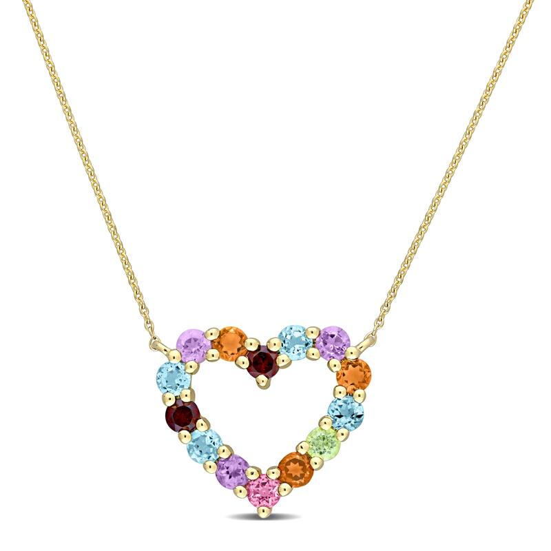Miadora Multi-Color Gemstone Open Heart Station Necklace in 10k Yellow Gold