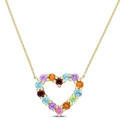 Miadora Multi-Color Gemstone Open Heart Station Necklace in 10k Yellow Gold