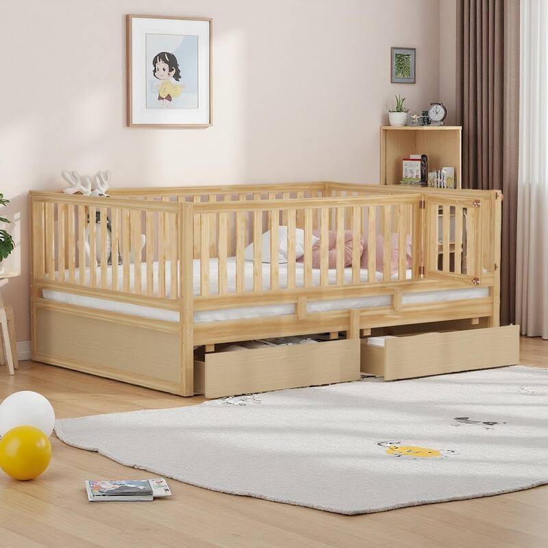Pine Wood Daybed with Removable Fence Guardrails & Dual Storage Drawers by Harper&Bright Designs - Natural - Full