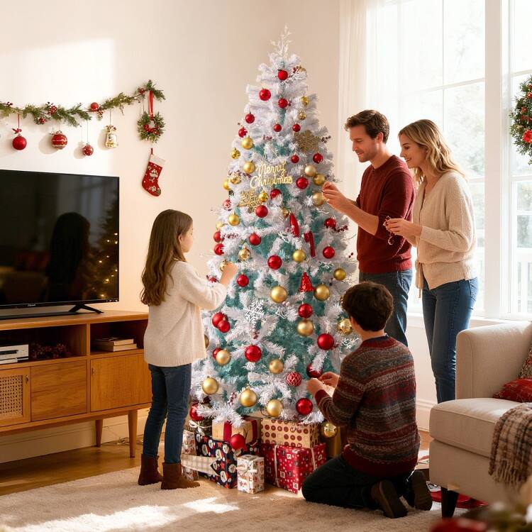 White-Lake Blue PVC PE Pre-Lit Christmas Tree with 250/350 LED Lights and Red Berries
