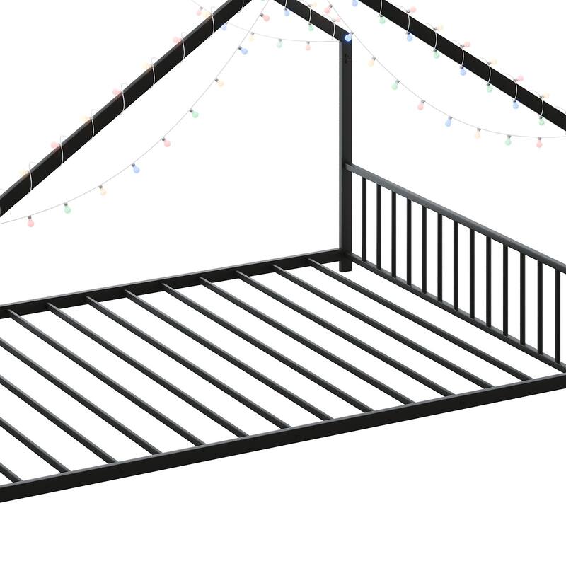 House-shaped Bed Frame, Toddler Kid Iron Floor Bed with House Roof Frame and LED Light Strips, House Daybed