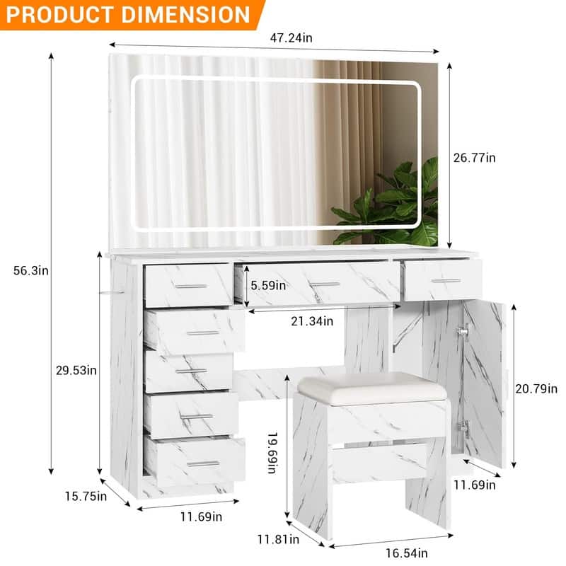 Makeup Vanity Table with Mirror, 7 Drawers, Charging Station, Holder, Stool