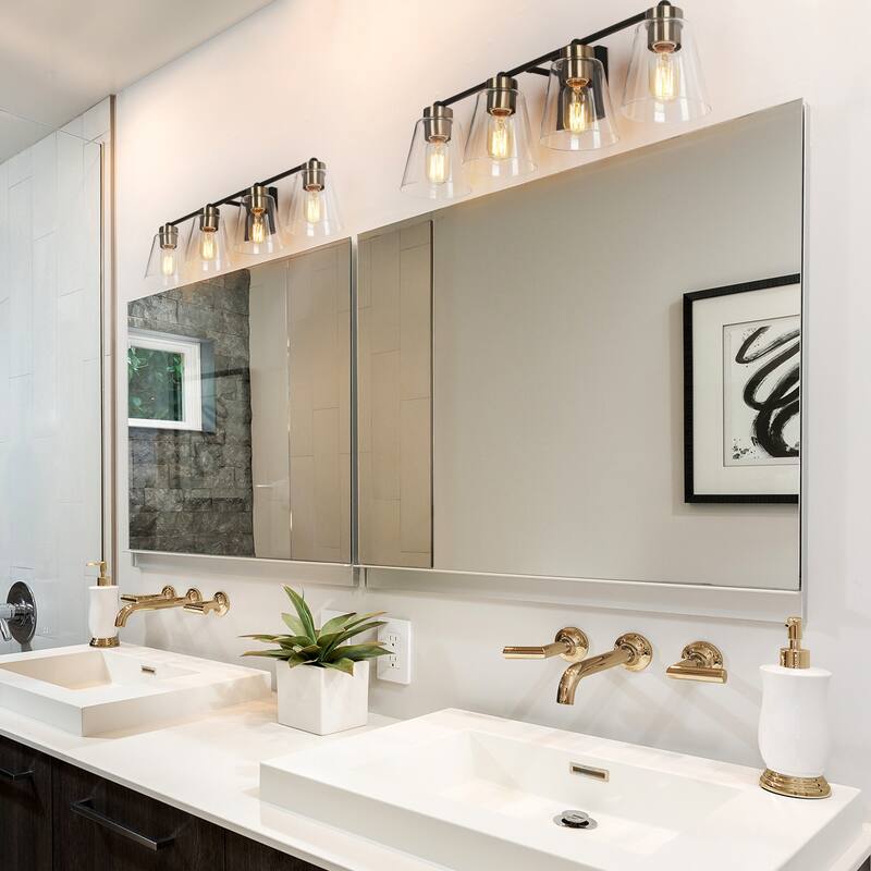 Marsie 4-Light Modern Transitional Black Gold Linear Bathroom Vanity Lights with Cylinder Clear Glass - L 29"* W 6"* H 7.5"