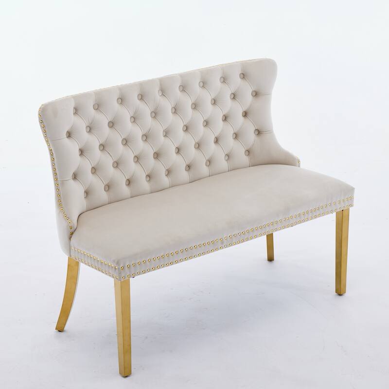 Velvet Double Dining Loveseat Bench, 2-Seat Tufted Bench w/Handmade Buttons, Wing Back, Gold-Plated Steel Legs, Single Pack