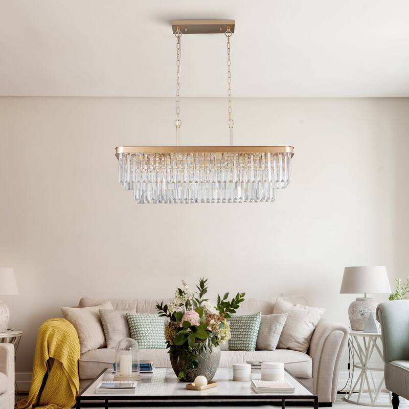 Chandeliers,Rectangular Crystal Chandelier Adjustable,Farmhouse Iron Ceiling Hanging Light(Bulb Not Included)