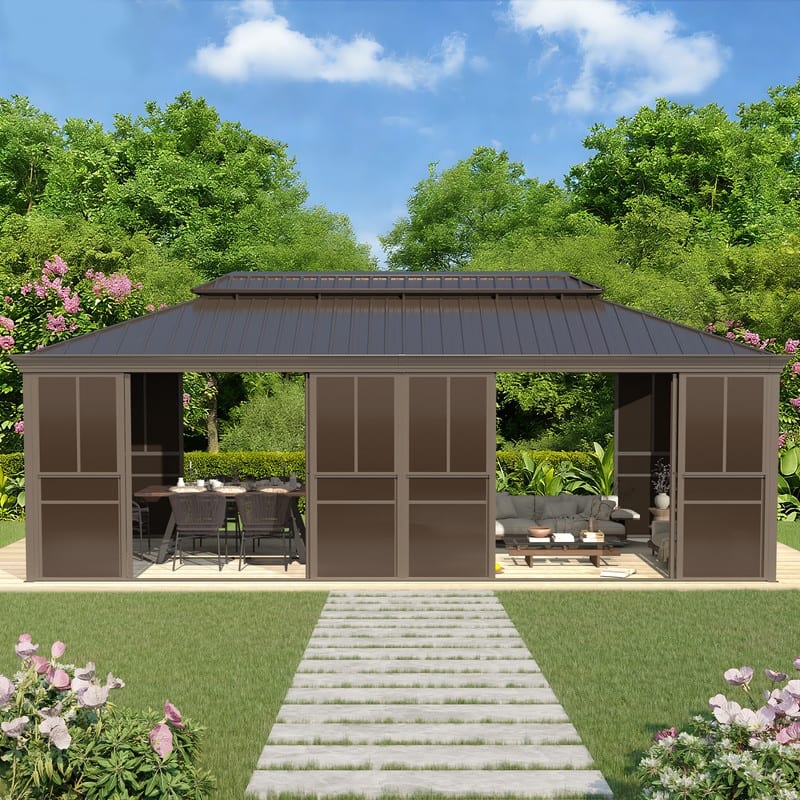 Hardtop Sunroom with Double Steel Roof, Sliding/Lockable Doors & Screens - All-Season Rustproof Aluminum Frame,Advanced Drainage