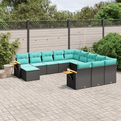 vidaXL 11 Piece Patio Sofa Set with Cushions Black Poly Rattan - 21.7x27.2x24.4