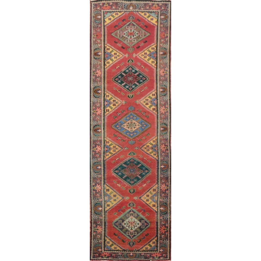 Hand Knotted Oriental 100% Wool Carpet Traditional Geometric Coral Tabriz Runner Rug - 12' 5'' X 3' 3''
