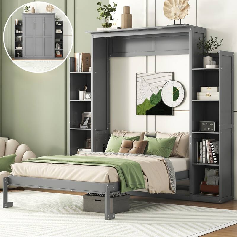 Wooden Wall Murphy Bed with Side Bookshelf & LED Lights