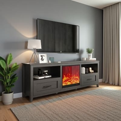 70'' TV Stand for TVs up to 60", with 2 Drawers, 4 Storage Compartments, Sturdy MDF Frame and Fireplace