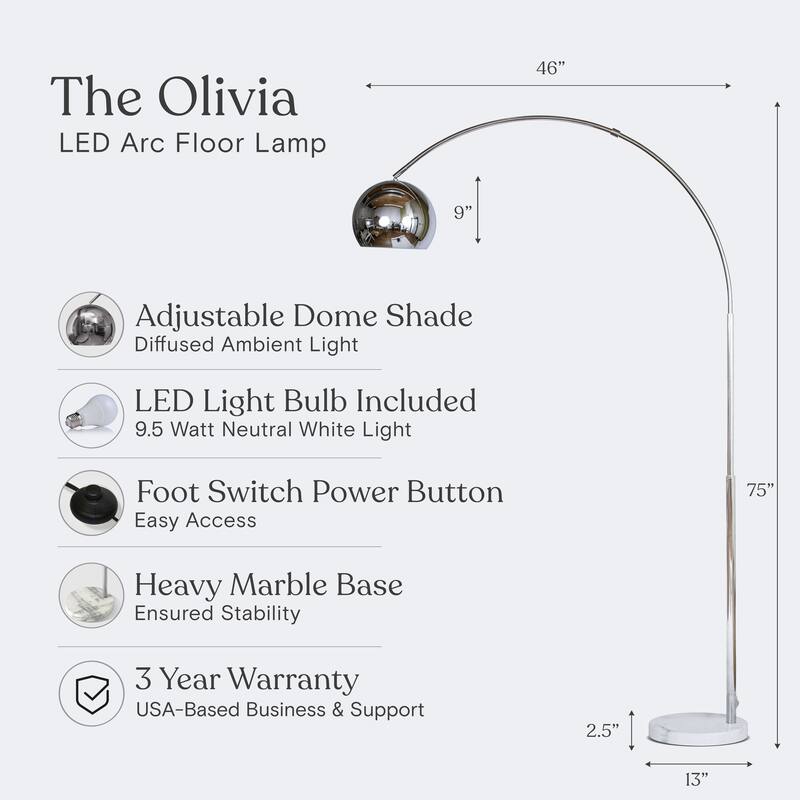 Brightech Olivia 75 in. Industrial Adjustable LED Arc Floor Lamp with Brass Metal Bowl Shade