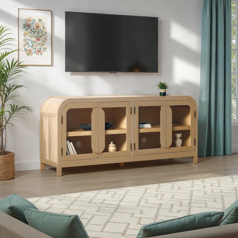 Walker Edison Modern Curved Easy Assembly TV Stand with Glass Paneled Doors