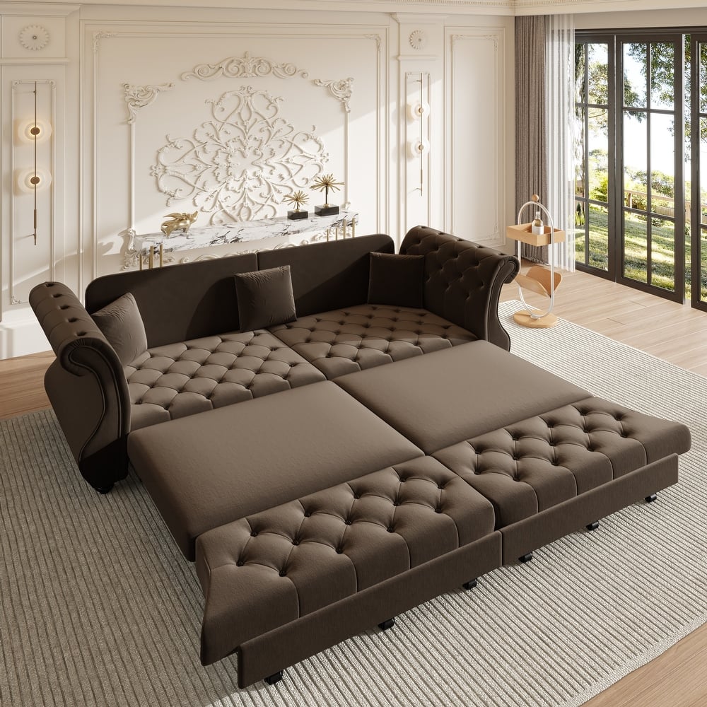 97.6" Oversized Chesterfield Pull-Out Sofa Bed, Velvet Upholstered Sleeper Couch with Roll Arms & Tufting