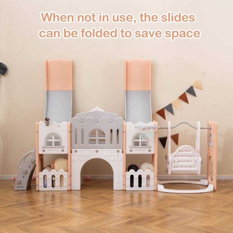 10 in 1 Toddler Slide and Swing Set with Double Slides Climber Basketball Hoop and Tunnel Indoor Outdoor Playset for Kids