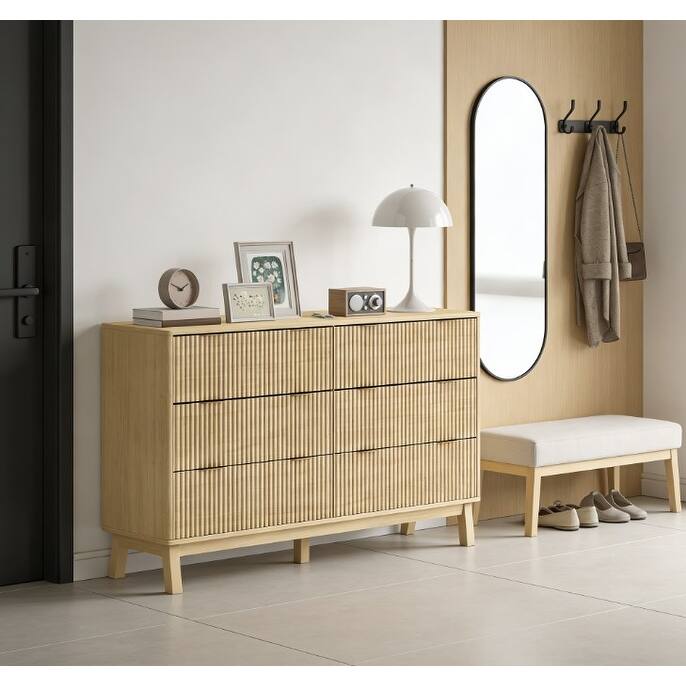 6 Drawer Dresser for Bedroom Fluted Panel Design Modern Storage with Gold Pulls