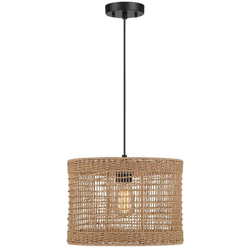1-Light Bohemian Rattan Pendant Light - Black/Wheat - 13.8 in. W - 13.8 in. W