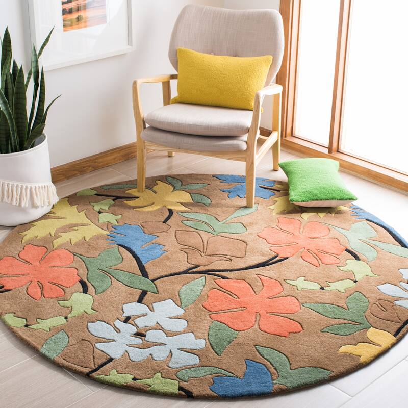 SAFAVIEH Handmade Soho Maegan Floral N.Z. Wool Rug - 8' Round - Brown/Multi