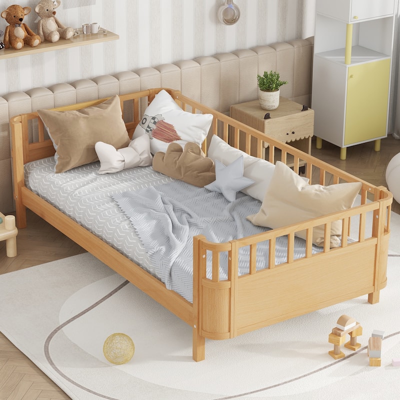 Multi Size Low Platform Bed for Kids with Rounded Corners Guardrails, Detachable Right-side Fence and Open Left-side Design - Natural - Twin