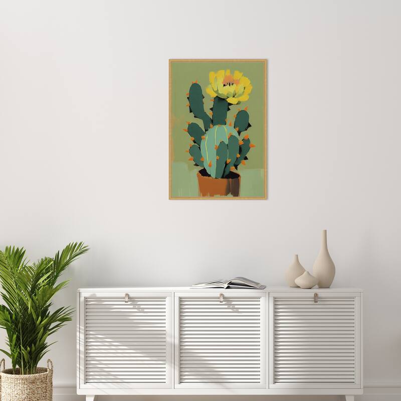 Flowering Cactus by Treechild Framed Canvas Wall Art Print - Sylvie Bright Gold