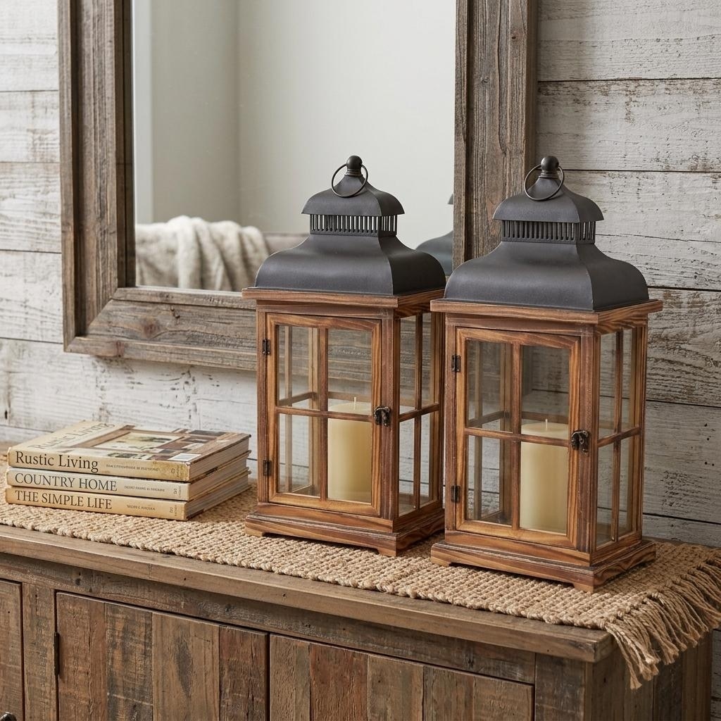 Set of Two Brown Abstract Wood And Metal Tabletop Lantern Candle Holders
