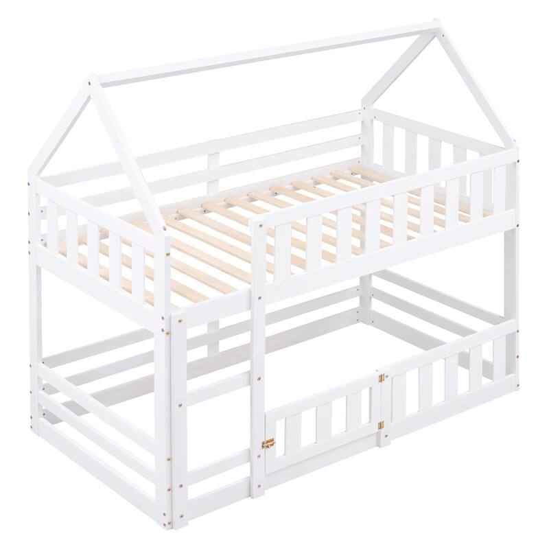 Twin Size House Bunk Bed with Sky Roof, Fence Guardrails, and Door - Solid Pine Wood Construction for Safety