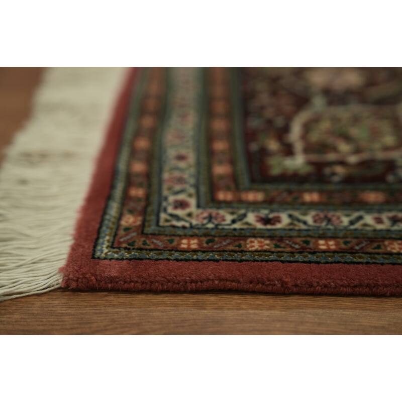 Hand Knotted Oriental Wool & Silk Carpet Traditional Geometric Red Tabriz-Mahi Area Rug - 10' 2'' X 6' 8''