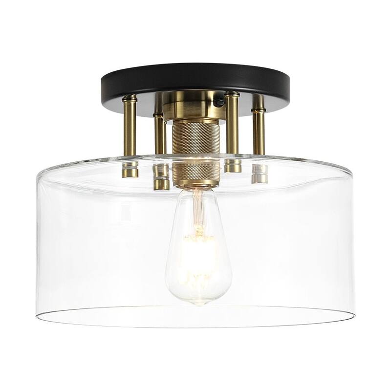 Farmhouse Black Brass 1-Light Glass Drum Semi Flush Ceiling Fixture - 11.8 Inches