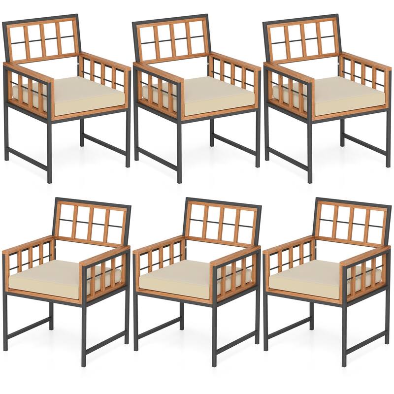 Gymax Acacia Wood Patio Chairs Set of 6 w/Cushions & Metal Frame 400 - Natural