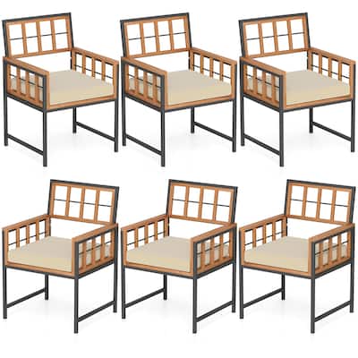 Gymax Acacia Wood Patio Chairs Set of 6 w/Cushions & Metal Frame 400