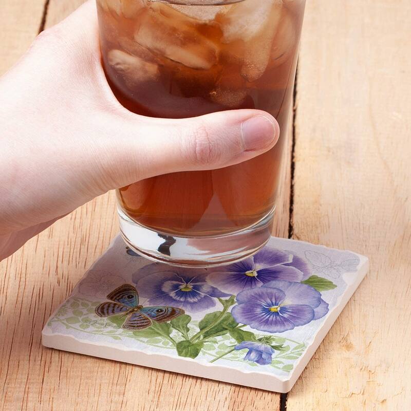 Absorbent Stone Beverage Coasters - Set of 4 - Purple Pansies - Multi-148