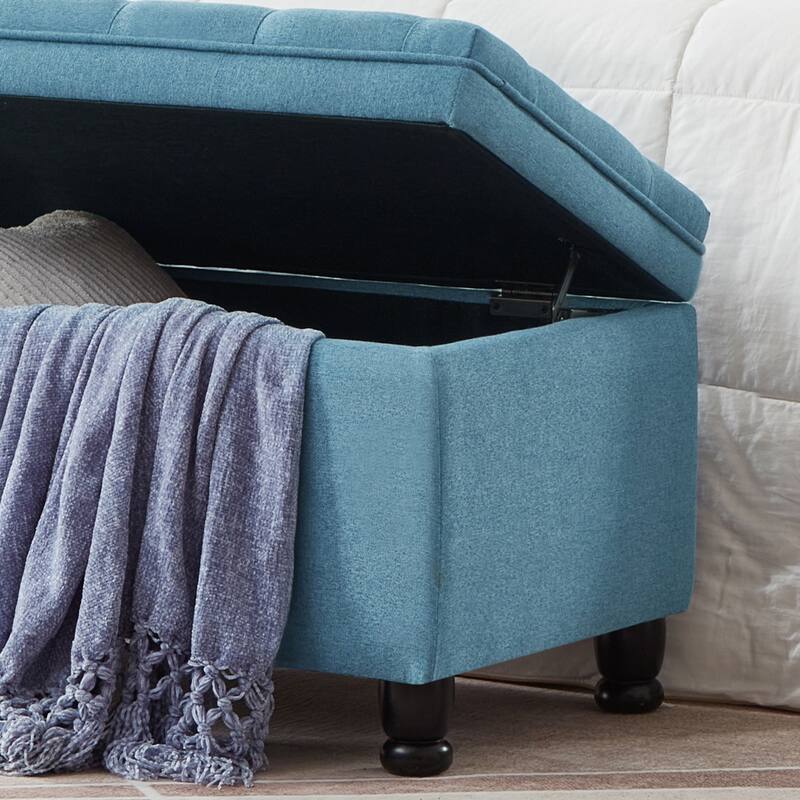 Linen Upholstered Tufted Storage Bench, Spindle Wooden Legs - Bed Entryway Seat