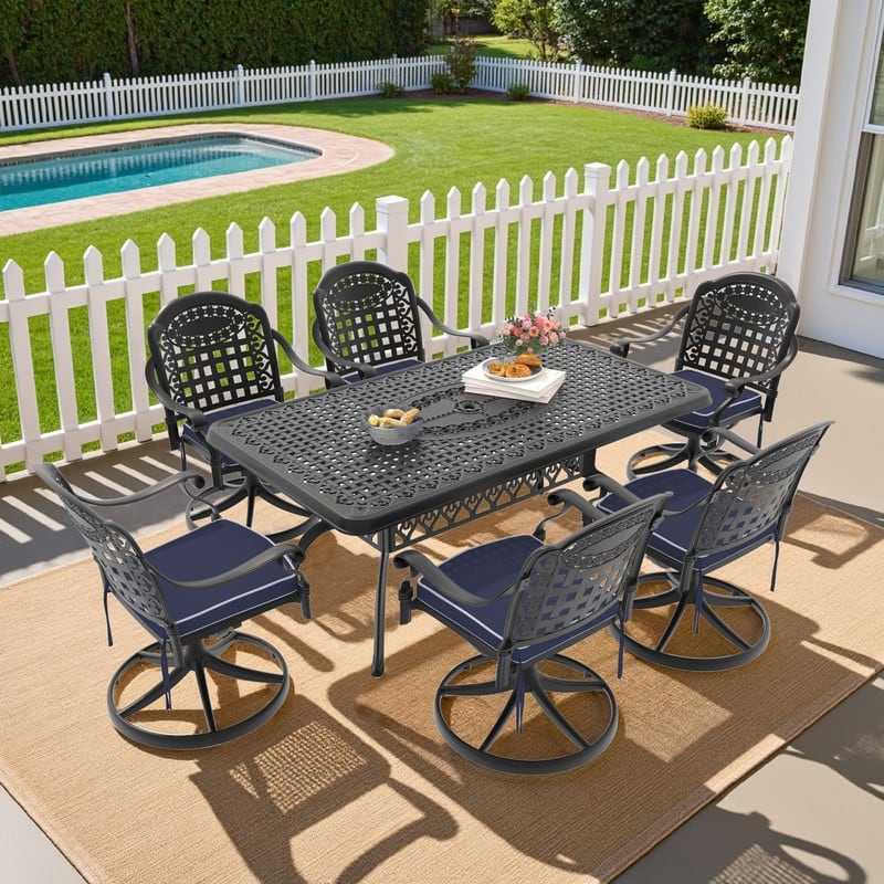 7-Piece Aluminum Rectangular Outdoor Patio Dining Set, 6 Cushioned Swivel Chairs, Table, All-Weather Frames