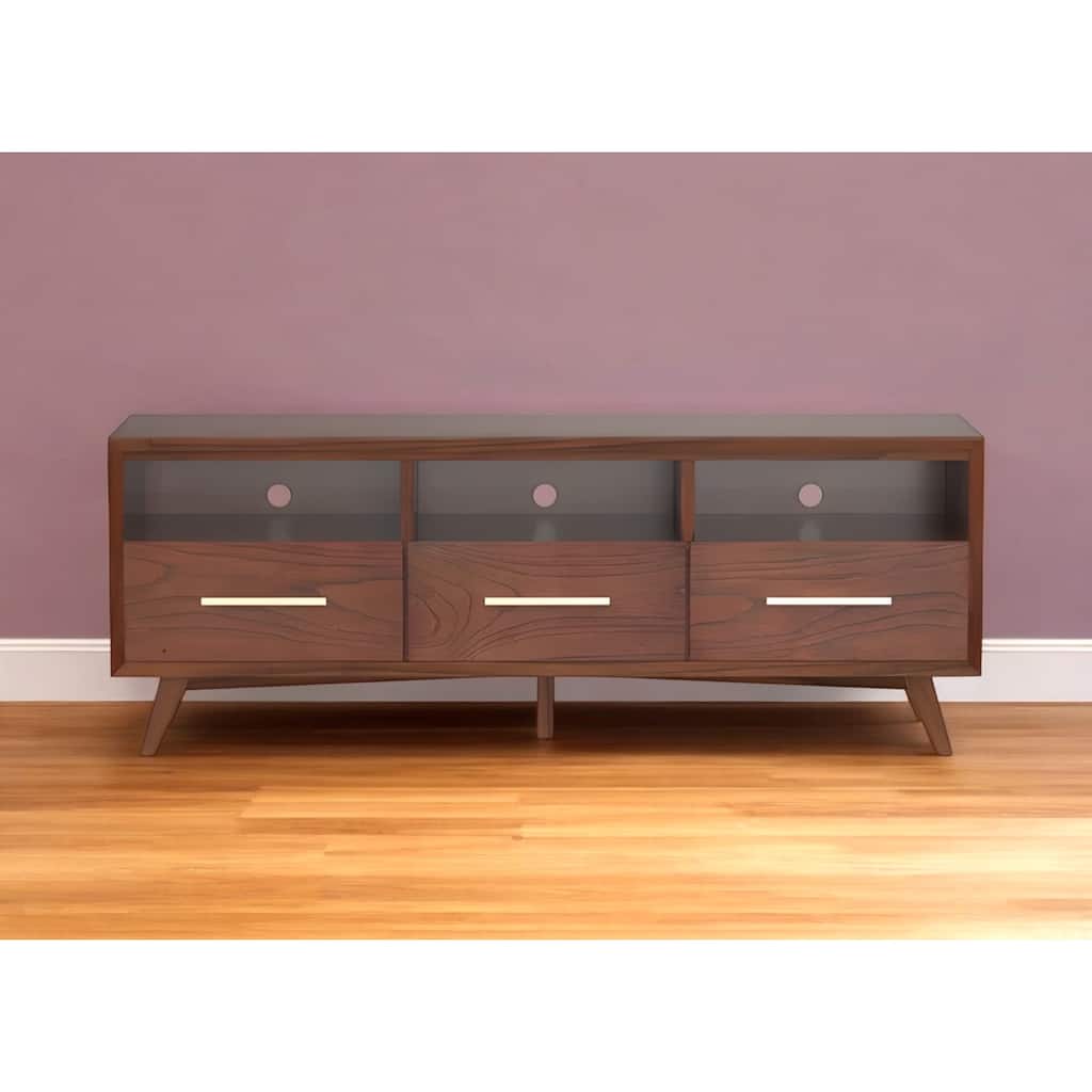 HomeRoots 64" Brown Mahogany Solid Wood Open Shelving TV Stand - 24" x 64" x 18"