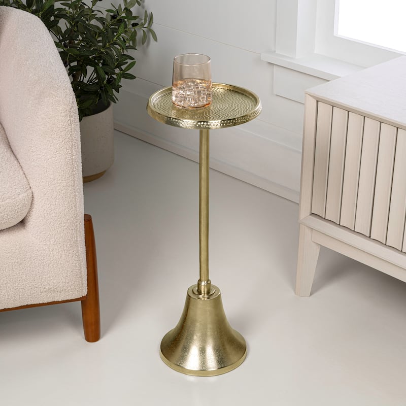 Irida 24" Art Deco Designer Pedestal Drink, End Table w/ Hammered Top, Bell Base, By JONATHAN Y - Antique Gold