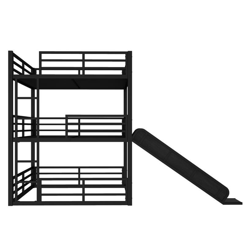 Queen over Queen over Queen Bunk Bed with Slide, Metal Triple Bunk Bed with Safety Guardrails, Noise-reduced Design, Black